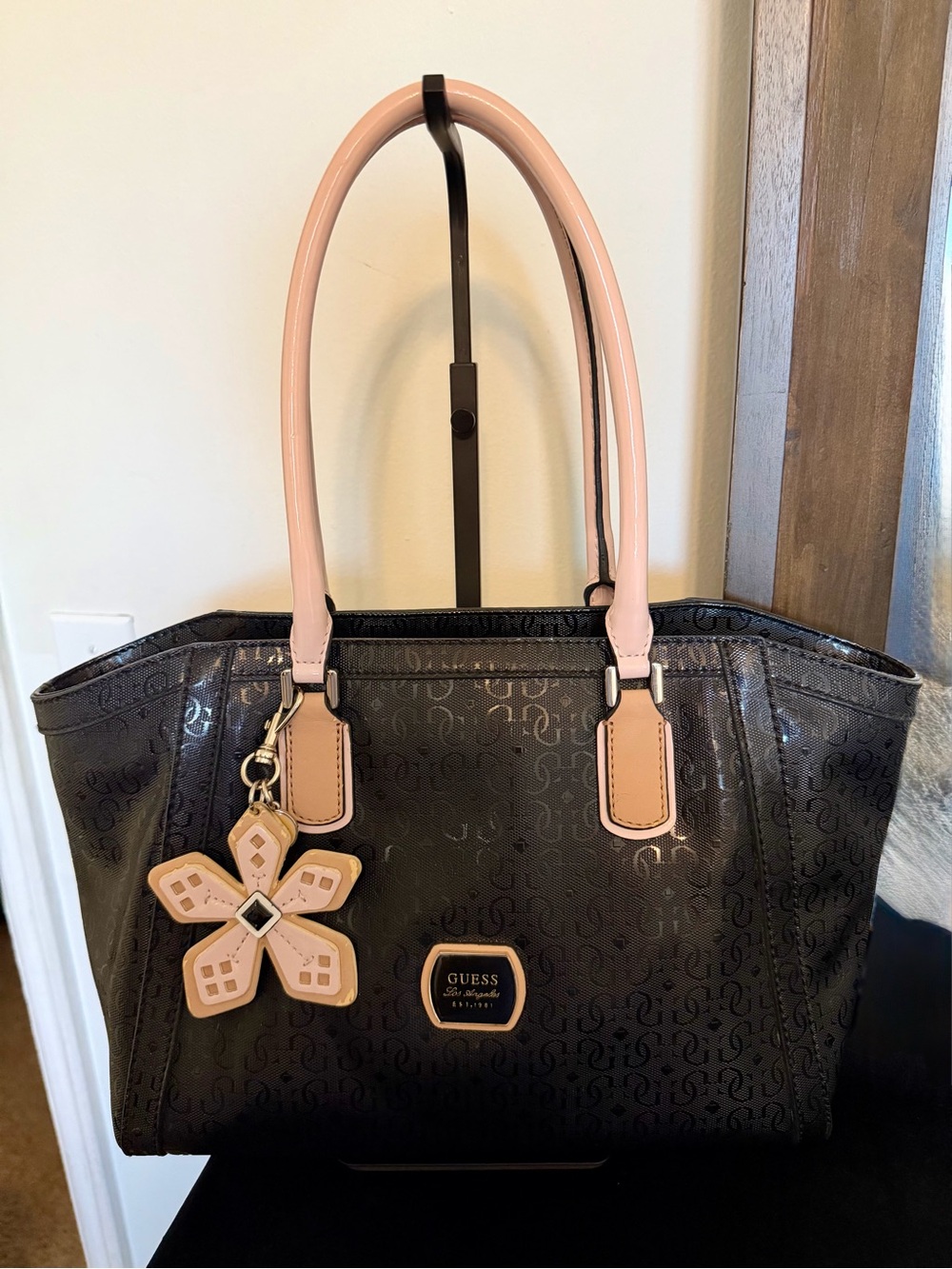 GUESS Black Tote with Pink Handles and Flower Charm